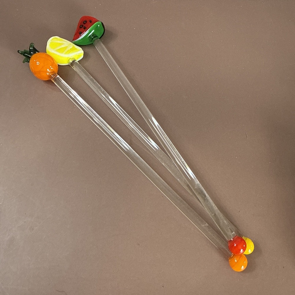 Vintage Glass Swizzle Sir Sticks BLOWN GLASS Fruit, Watermelon, Lemon, AndOrange